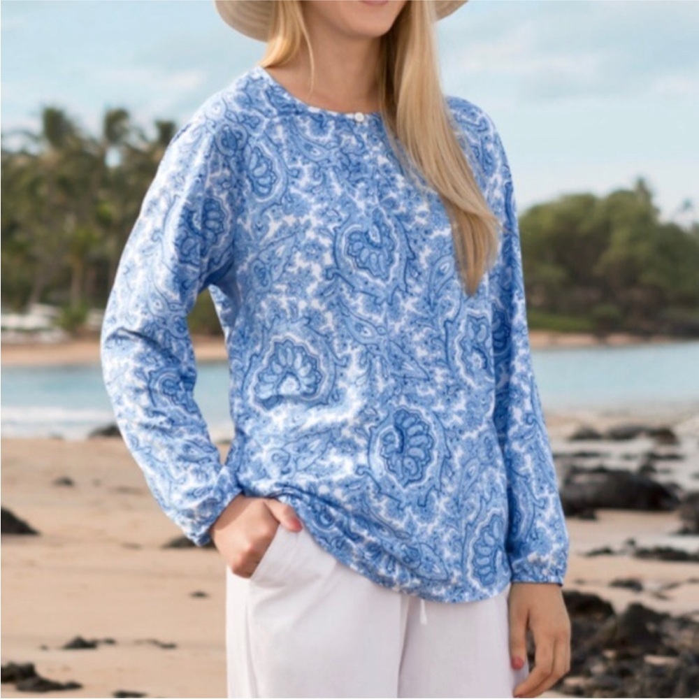 SOLUMBRA by Sun Precautions Peasant Top Blue‎ Paisley Print Blouse Size XS Mesh